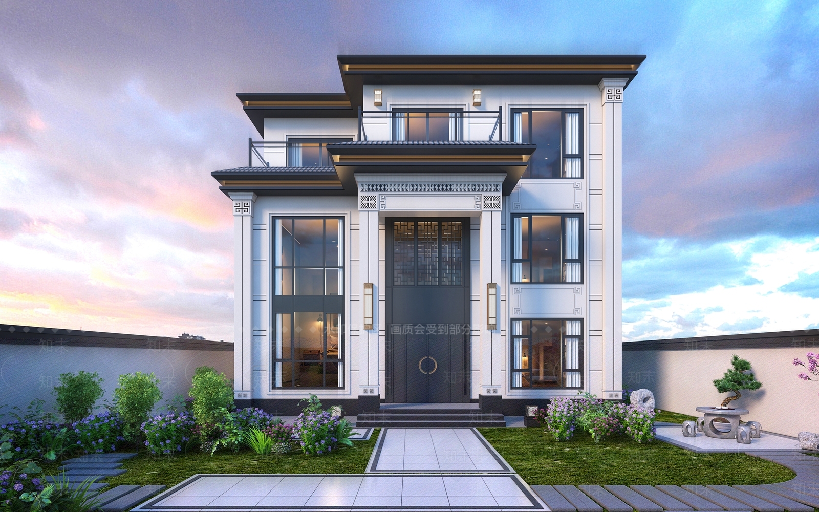 新中式别墅外观3D模型下载【ID:1195958736】