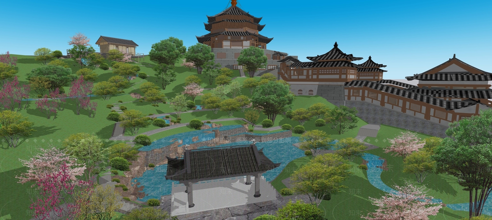 新中式鸟瞰规划SU模型下载【ID:1195959240】