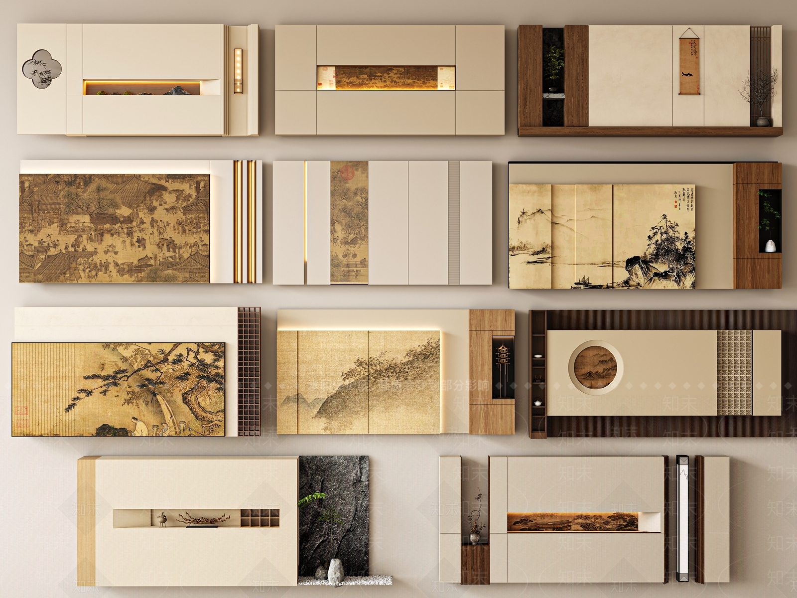 新中式禅意沙发背景墙3D模型下载【ID:1195967670】