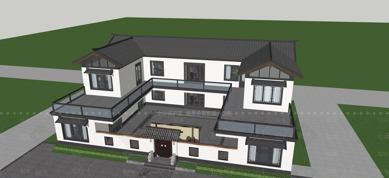 现代新中式四合院SU模型下载【ID:1195978267】