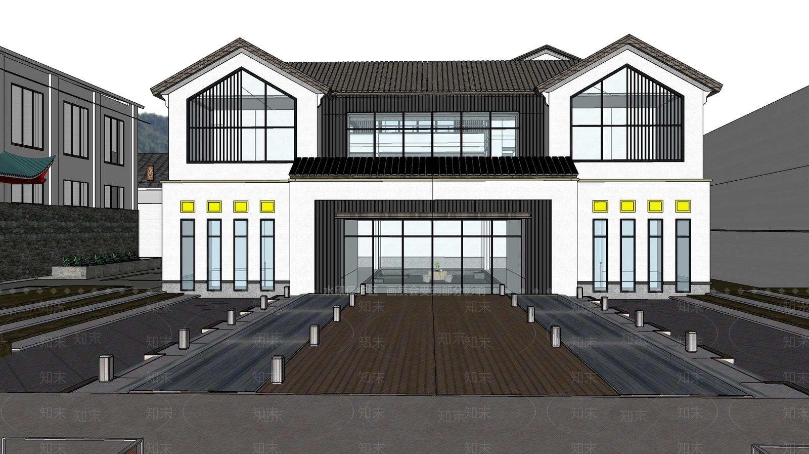 新中式中式民宿建筑SU模型下载【ID:1195990799】