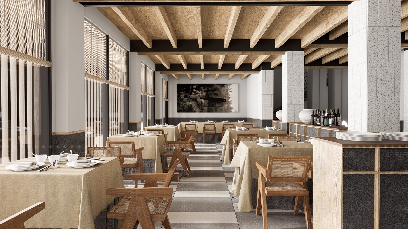 侘寂原木中餐厅SU模型下载【ID:1195996212】