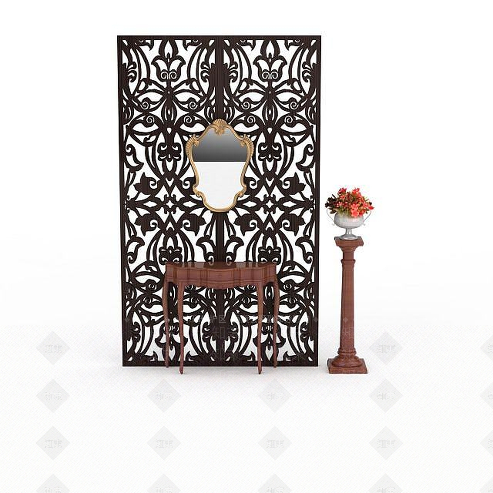 现代棕色雕花隔断3D模型下载【ID:1196048122】