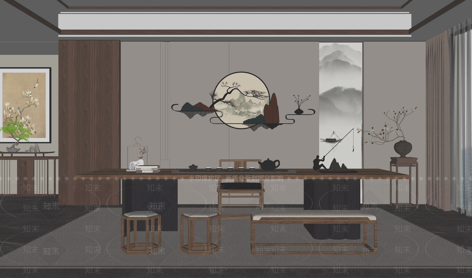 新中式茶室SU模型下载【ID:1196086683】
