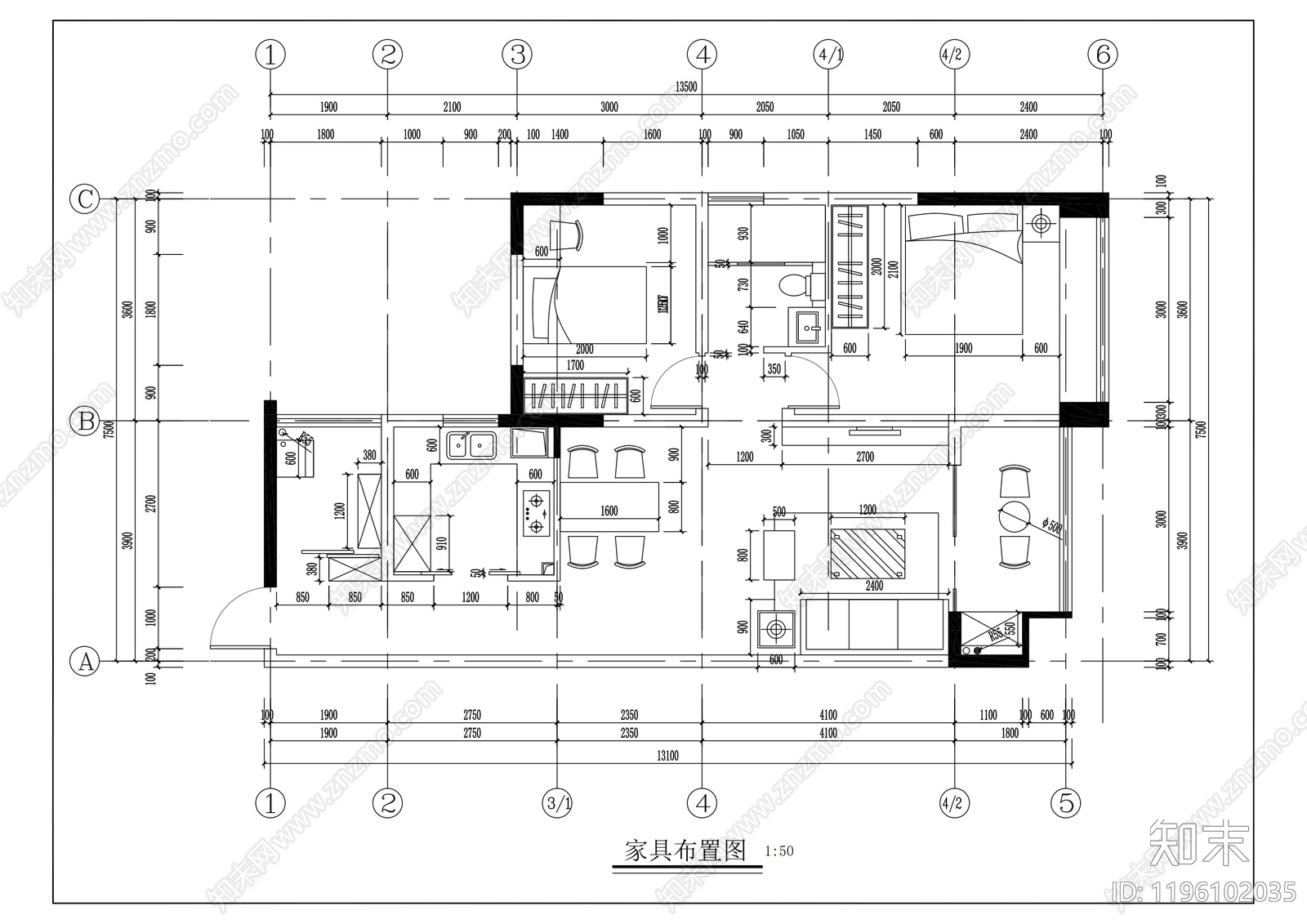 小户型平层施工图下载【ID:1196102035】