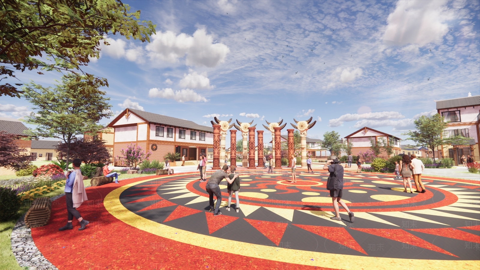 中式新中式广场景观SU模型下载【ID:1196107425】