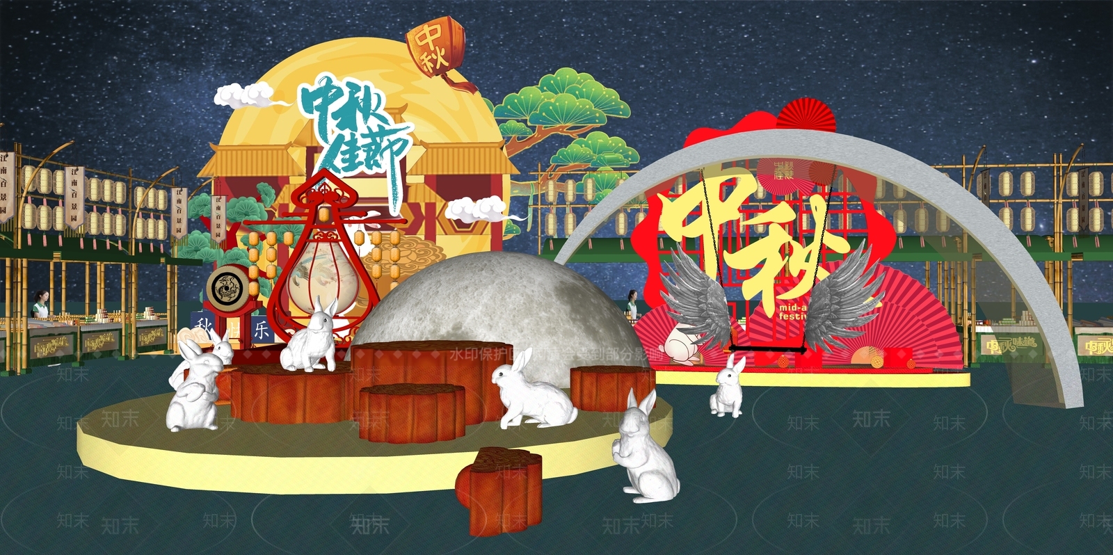 现代新中式中秋美陈SU模型下载【ID:1196125590】