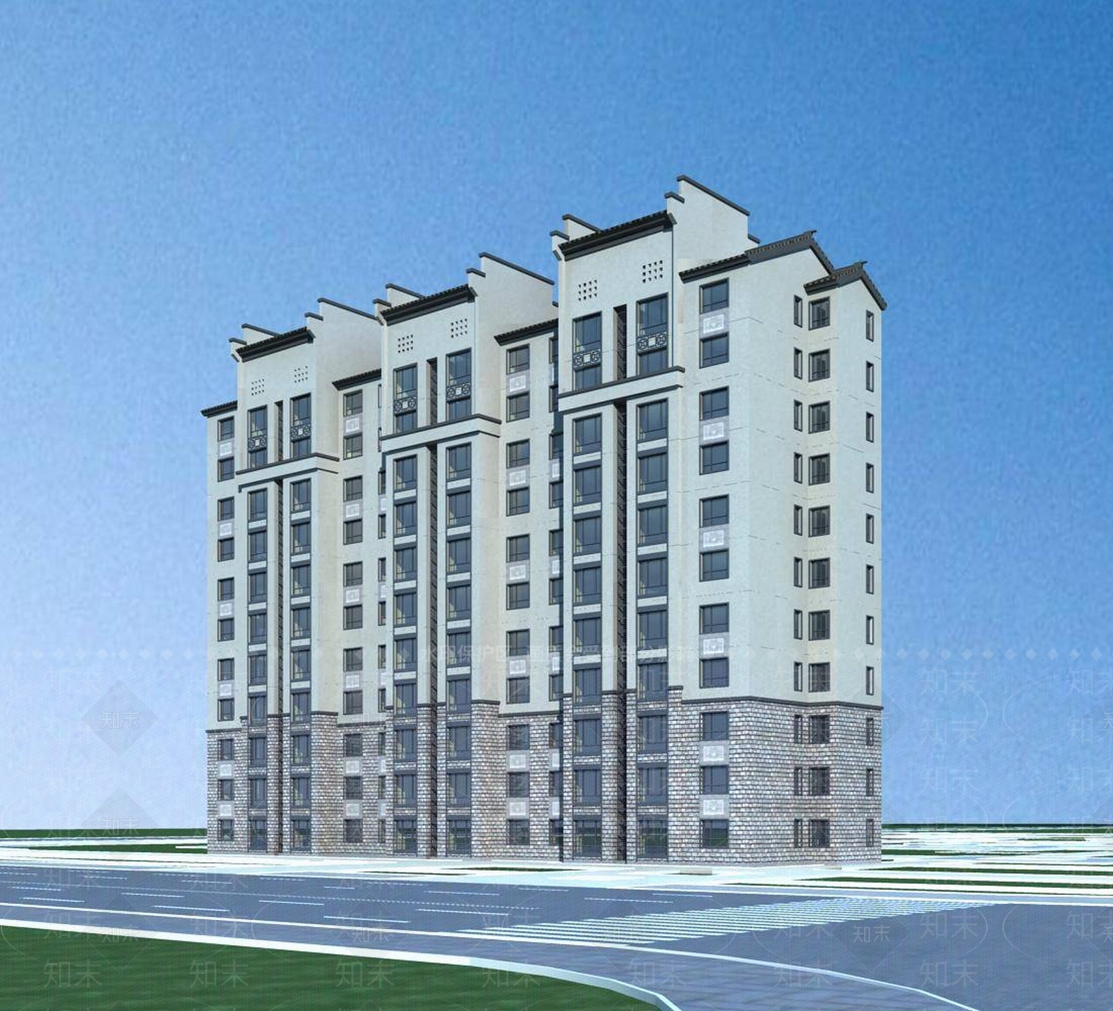 中式小高层住宅楼3D模型下载【ID:1196191976】