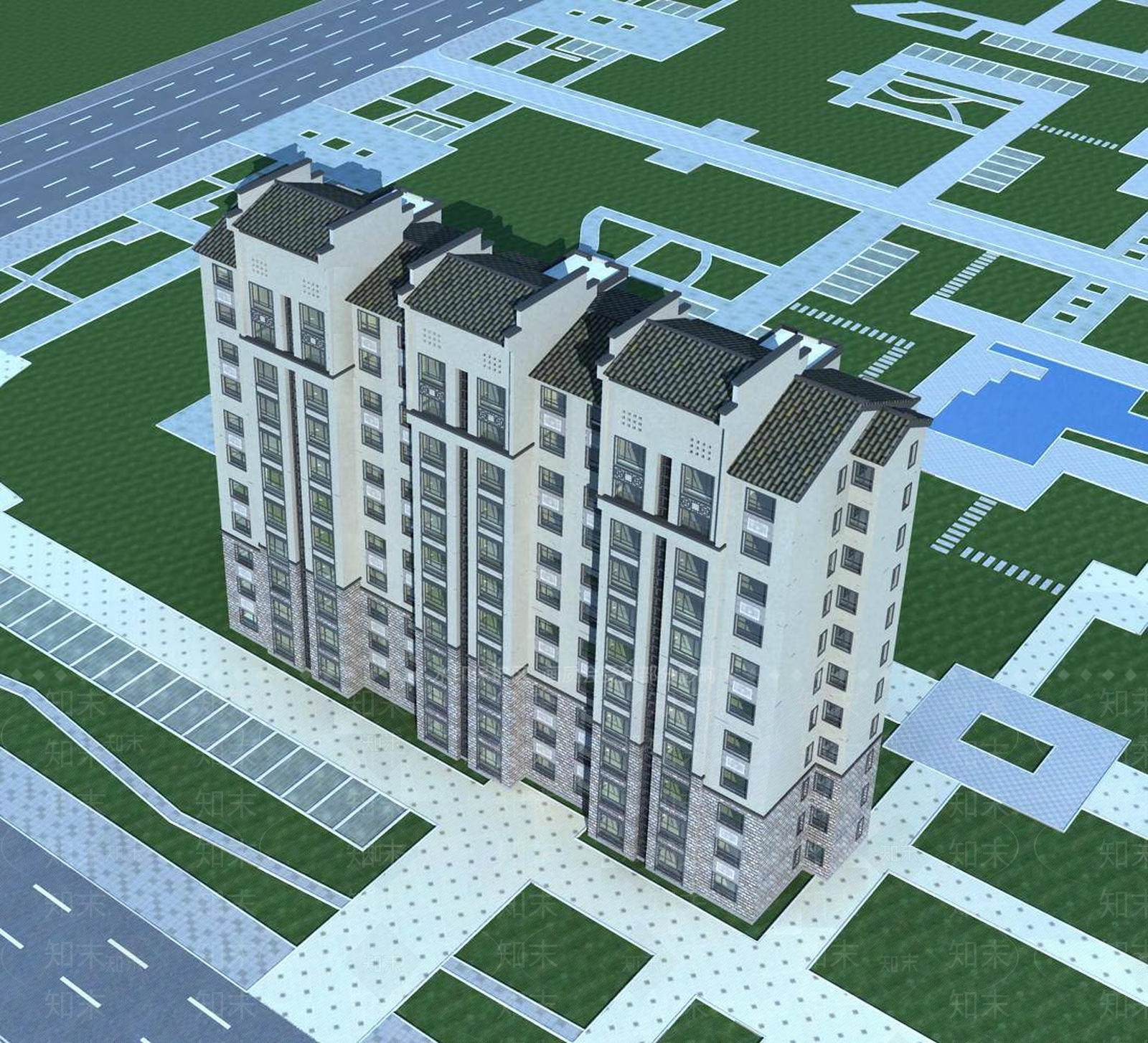 中式小高层住宅楼3D模型下载【ID:1196191976】