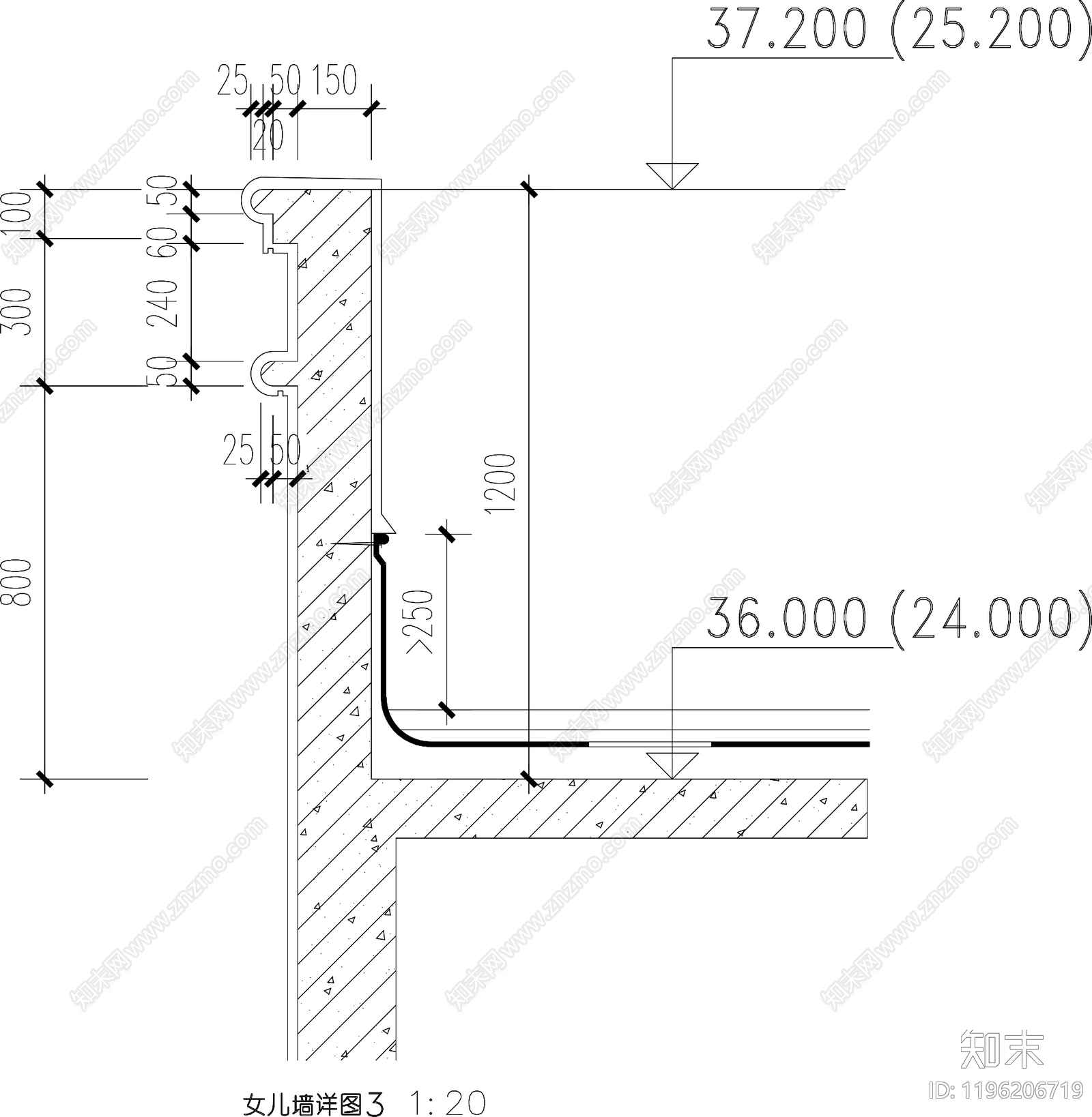 女儿墙节点cad施工图下载【ID:1196206719】