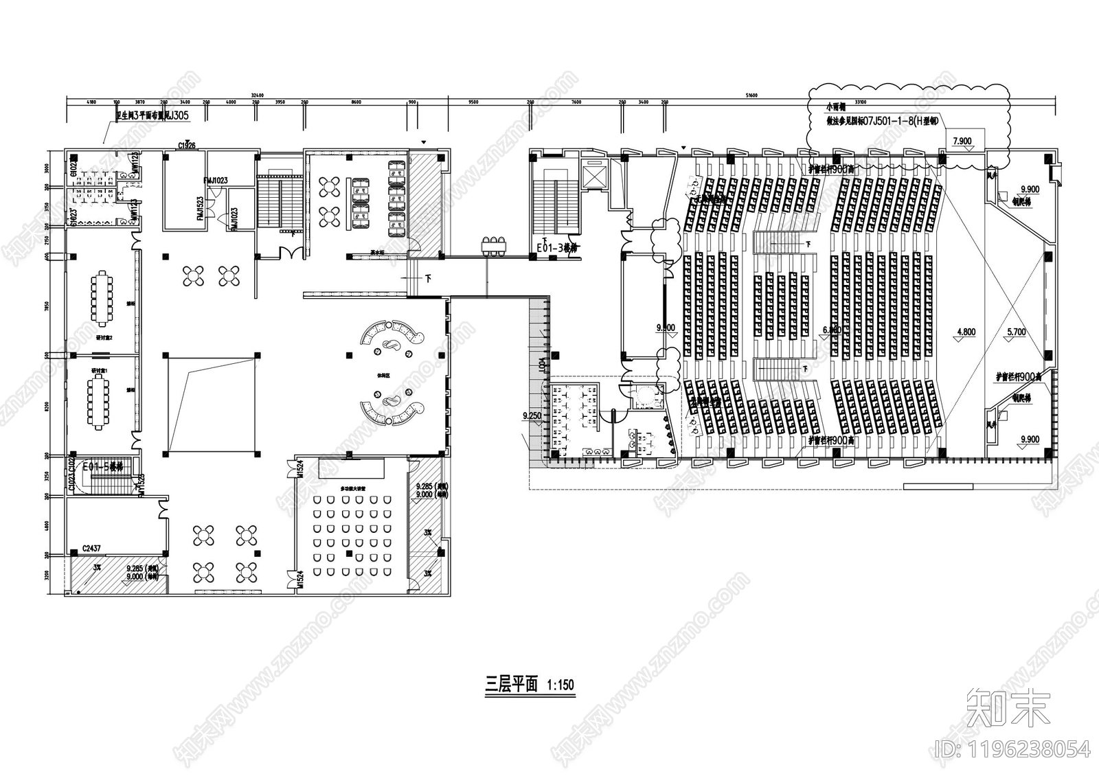 现代图书馆cad施工图下载【ID:1196238054】