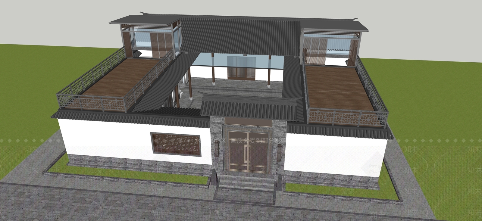 现代新中式四合院SU模型下载【ID:1196249183】