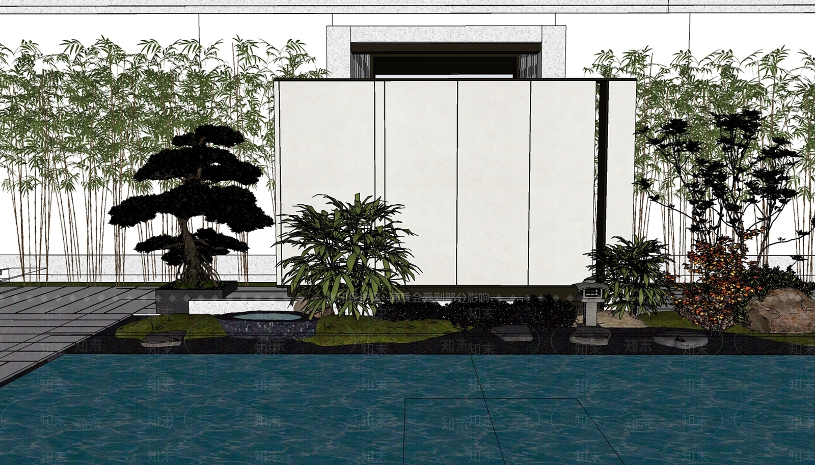 现代禅意别墅庭院SU模型下载【ID:1196252137】