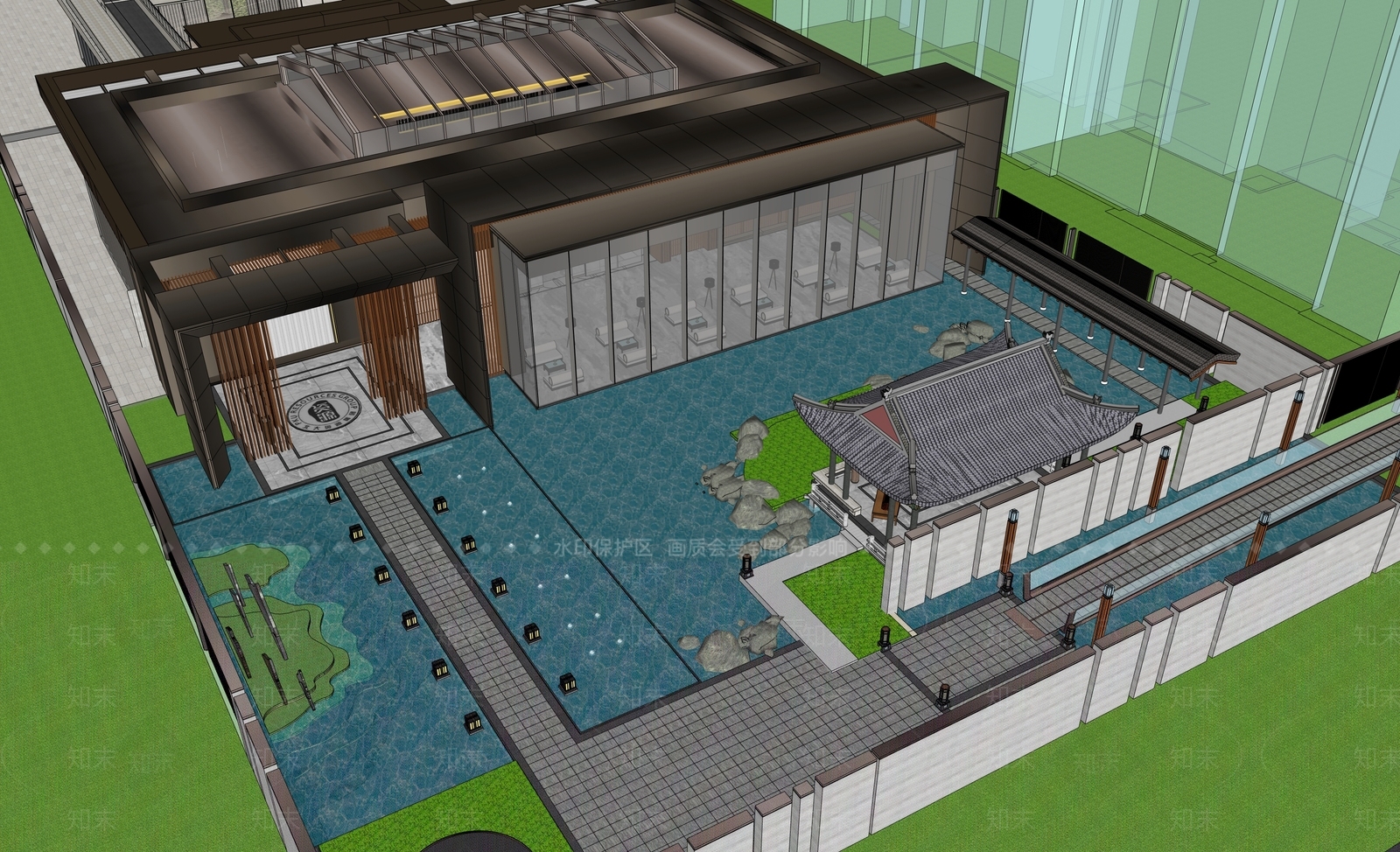 现代新中式小区建筑SU模型下载【ID:1196259752】