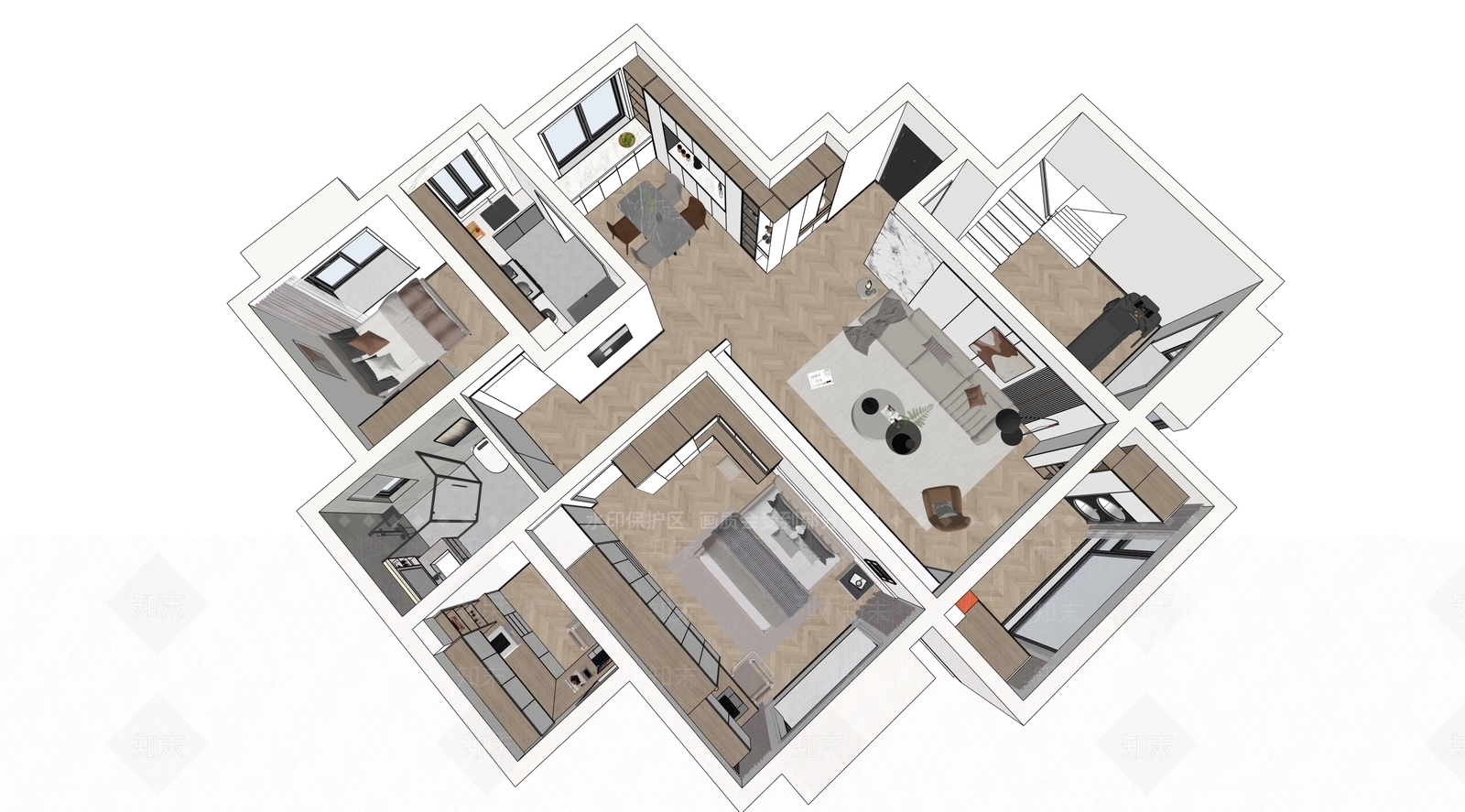 现代极简家装鸟瞰SU模型下载【ID:1196283054】