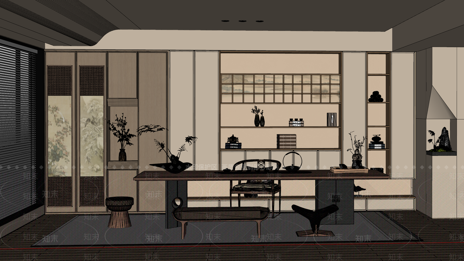 新中式茶室SU模型下载【ID:1196338707】