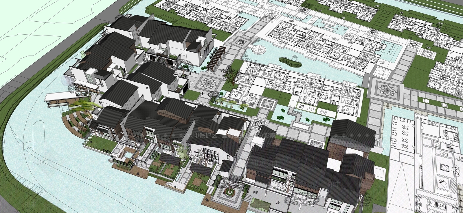 中式小区建筑SU模型下载【ID:1196345734】