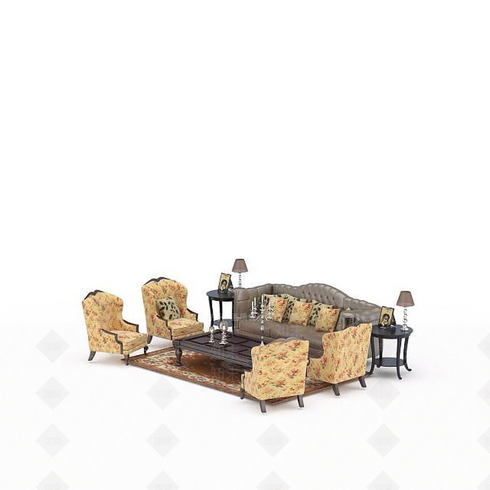 现代黄色碎花沙发3D模型下载【ID:1196375300】