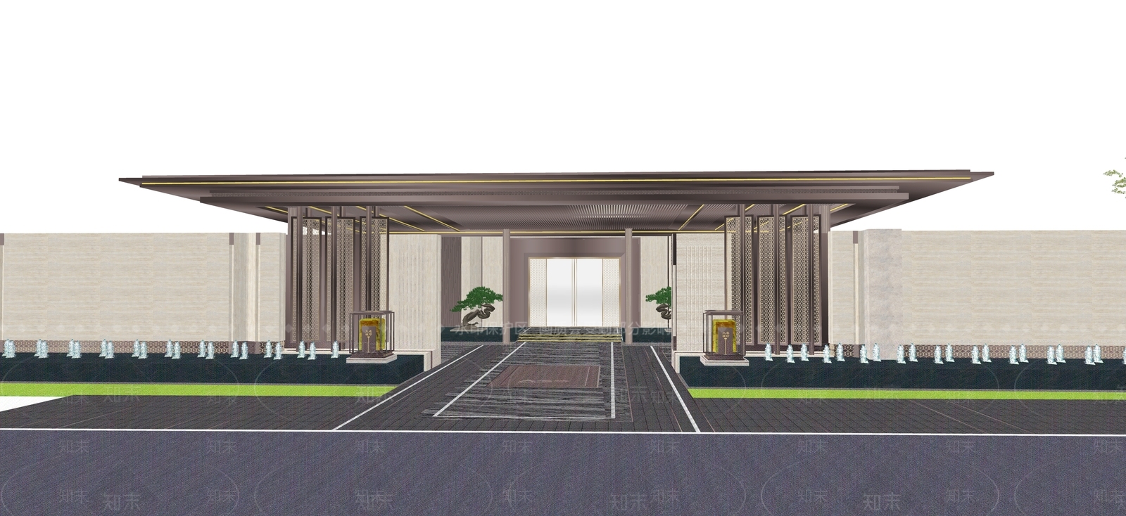 现代新中式入口大门SU模型下载【ID:1196377323】