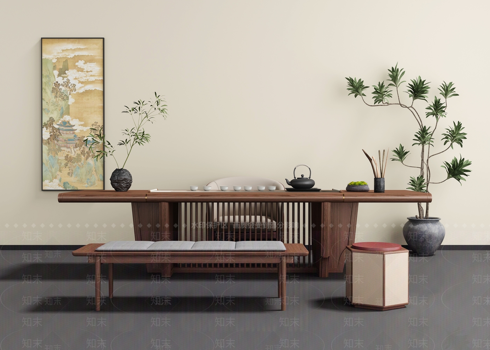 新中式茶桌椅3D模型下载【ID:1196380707】