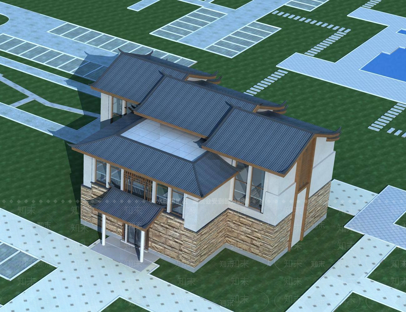 中式别墅外观3D模型下载【ID:1196433479】