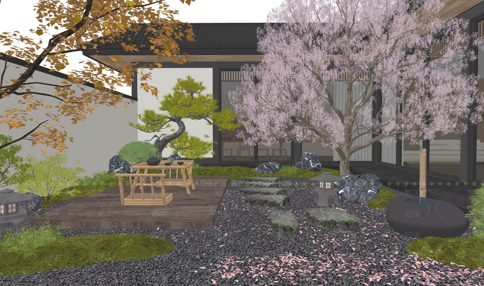 日式新中式庭院小品SU模型下载【ID:1196437888】