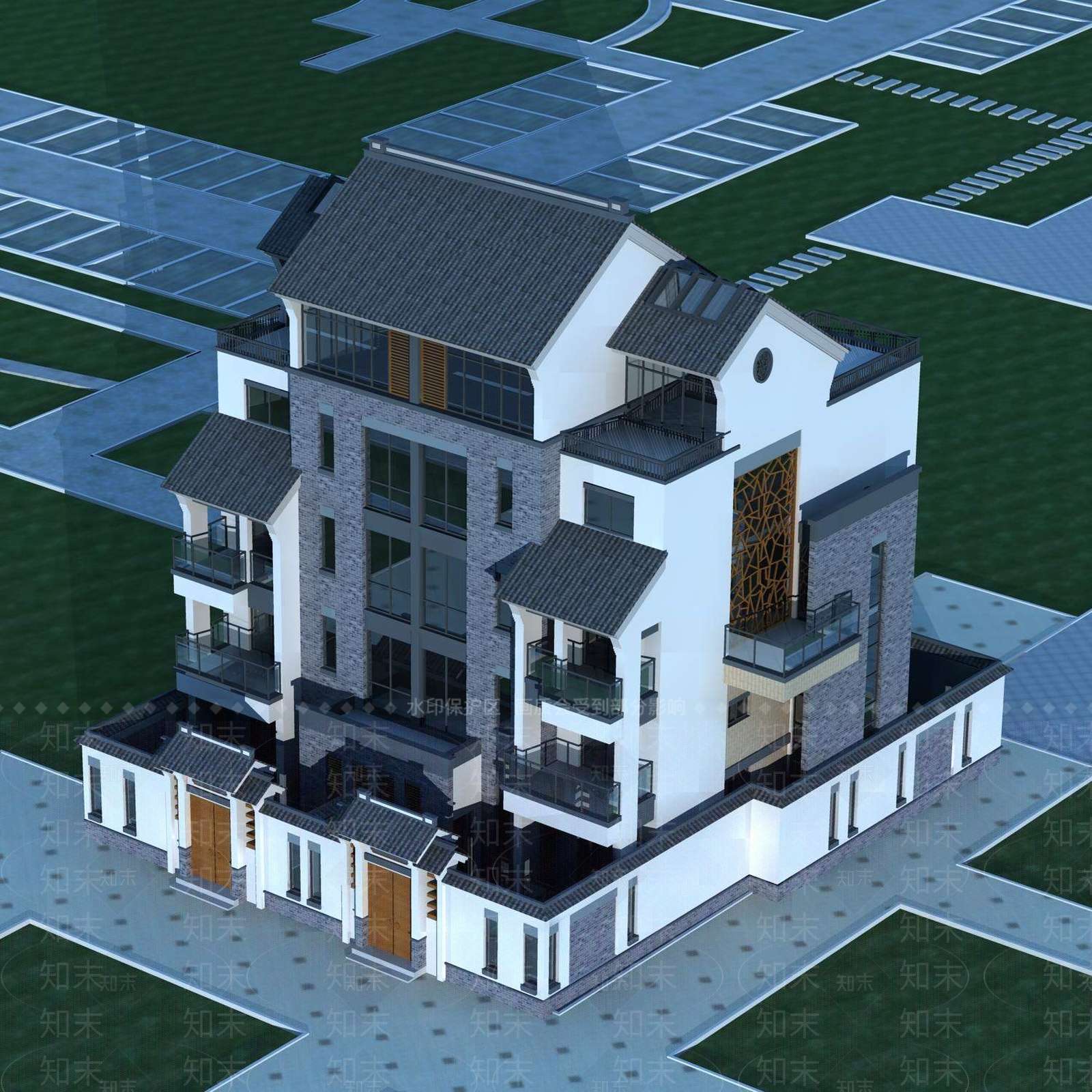 中式别墅外观3D模型下载【ID:1196442210】