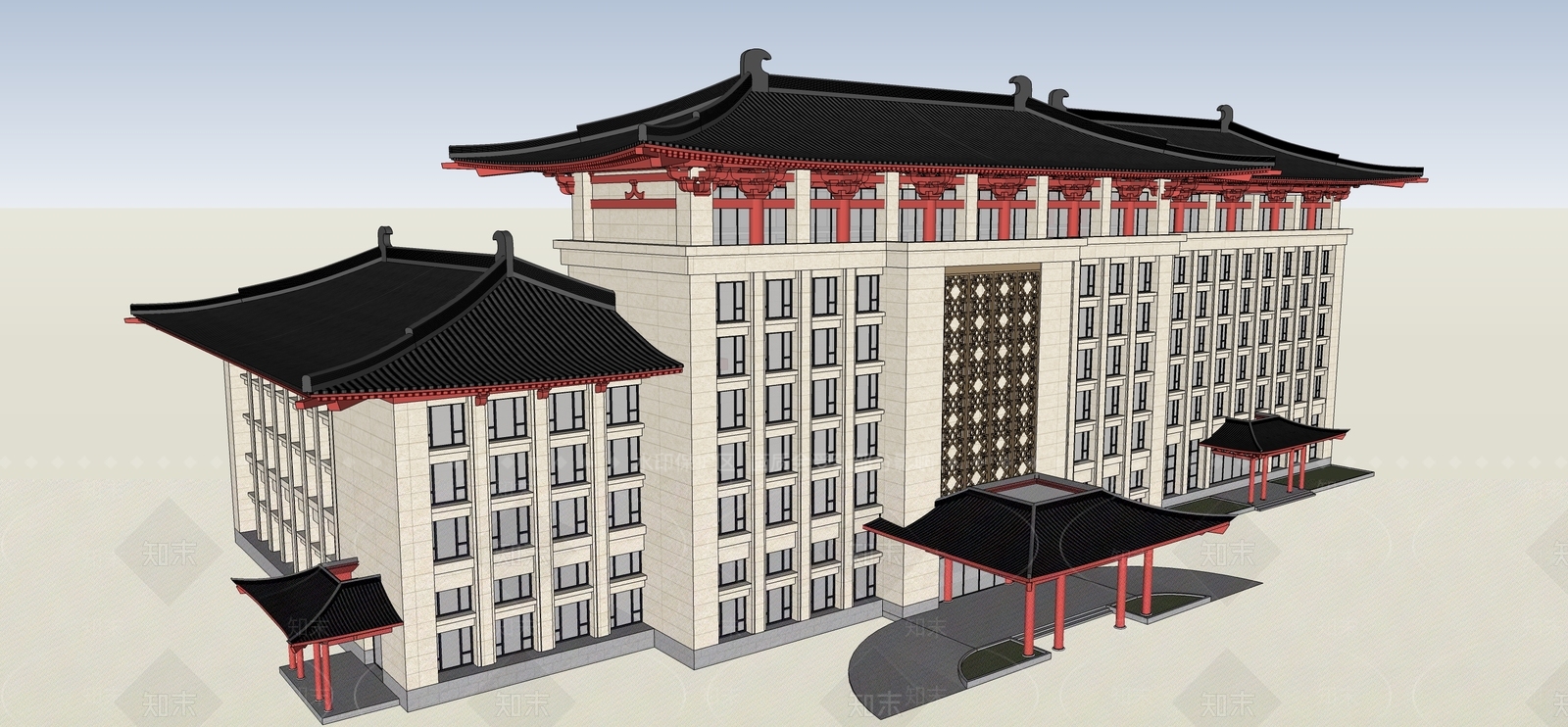 中式酒店建筑SU模型下载【ID:1196469381】