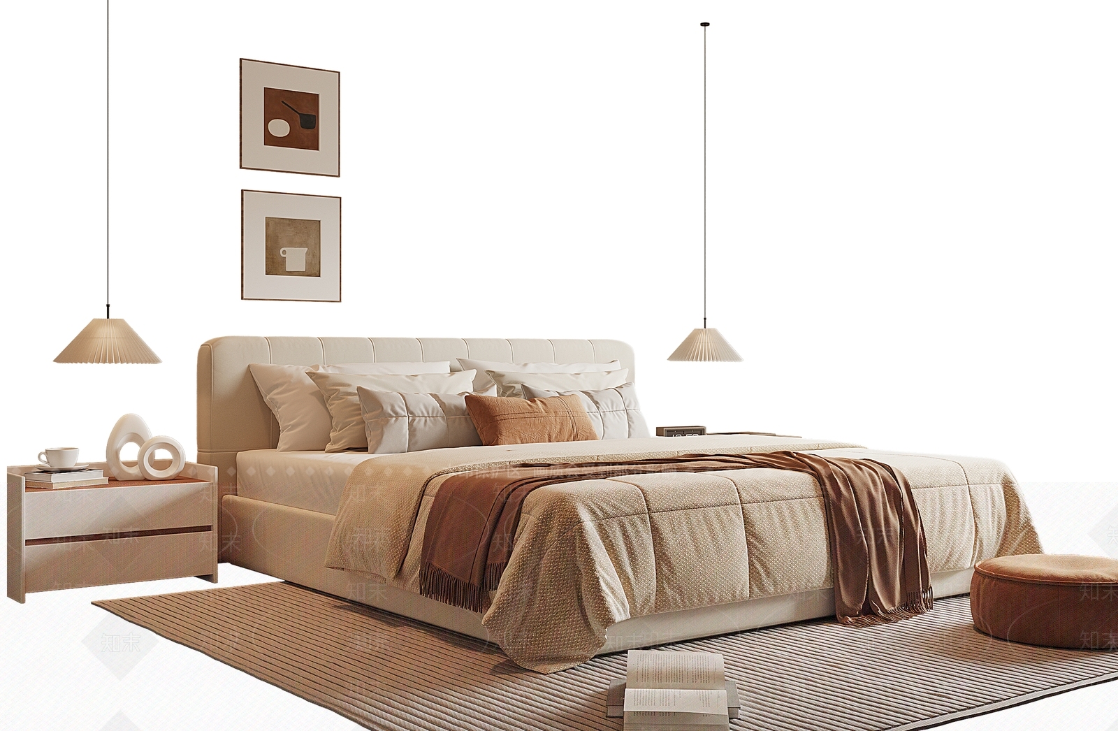 奶油现代单人床3D模型下载【ID:1196510347】