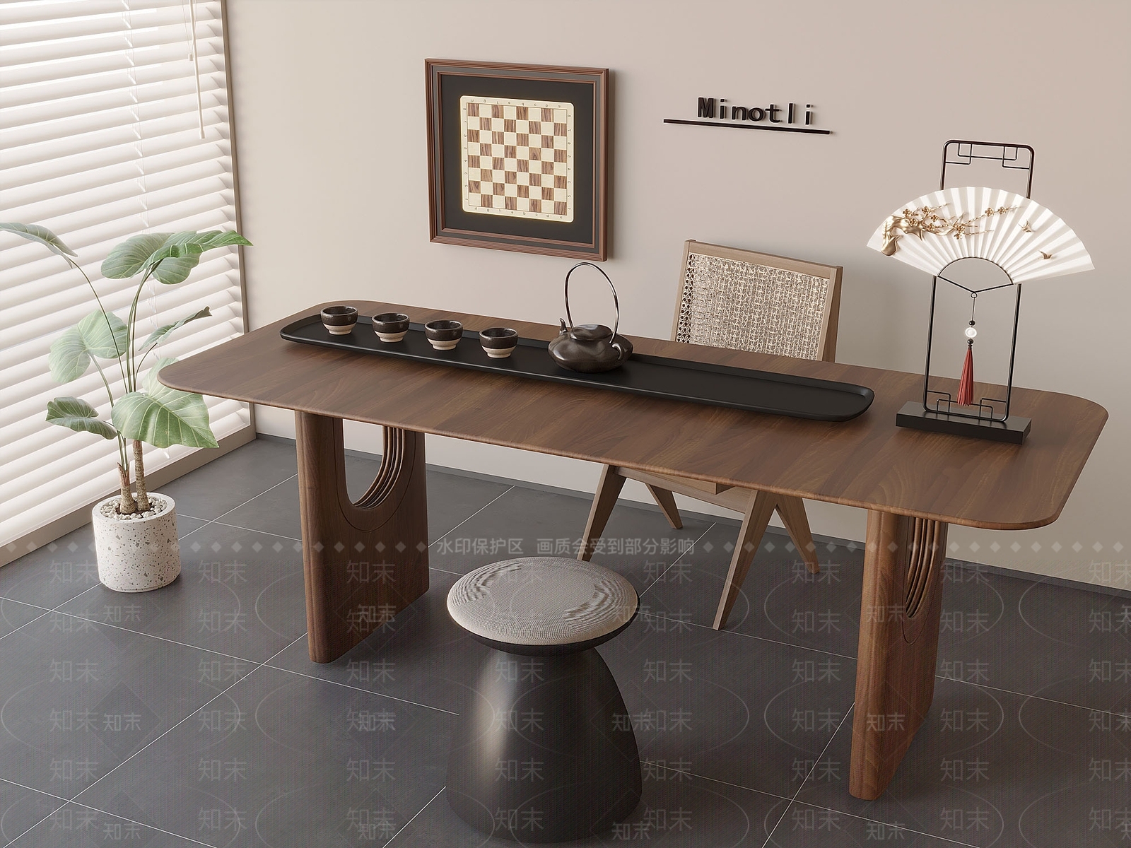新中式侘寂茶桌椅3D模型下载【ID:1196547418】