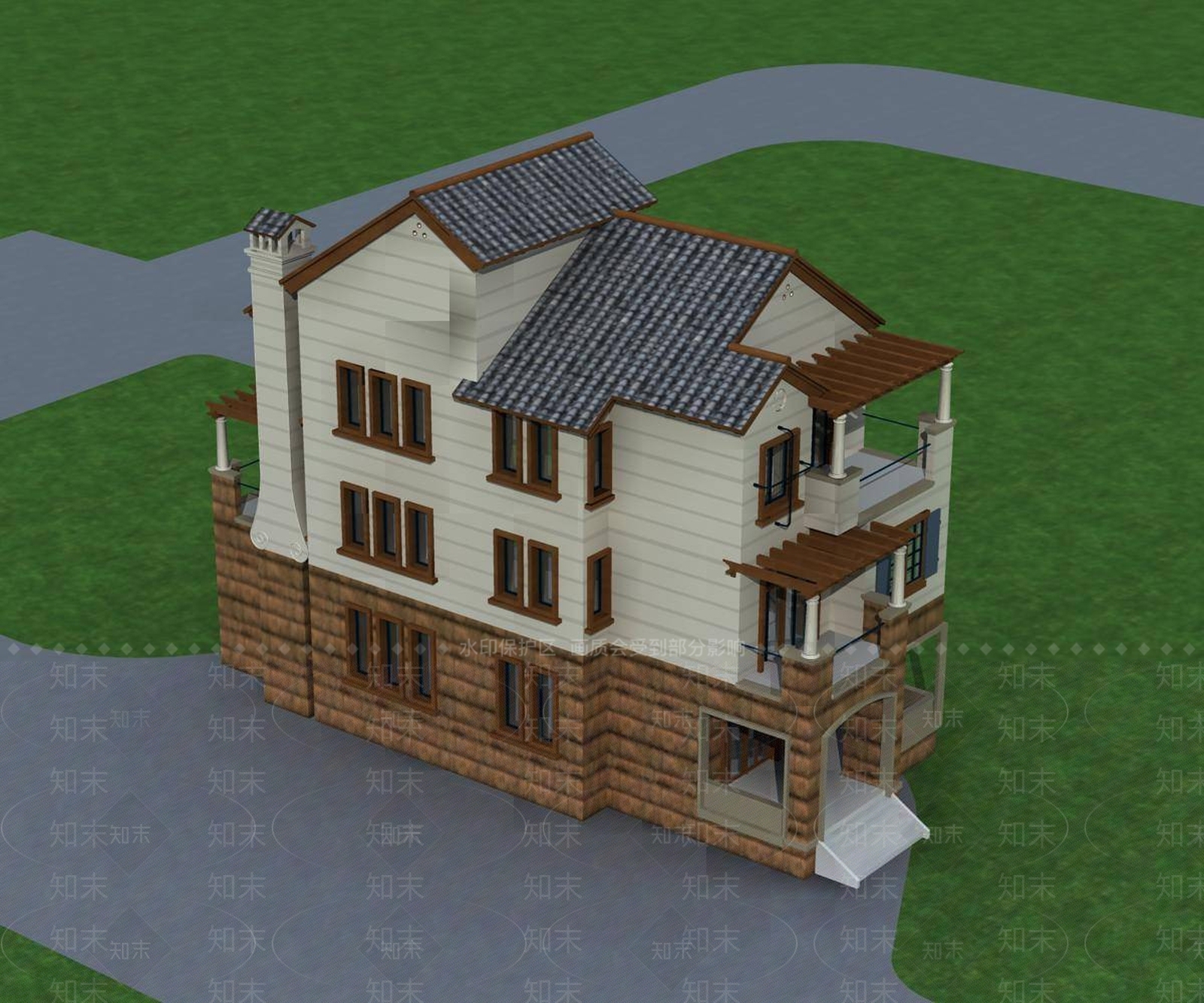 中式别墅外观3D模型下载【ID:1196554706】