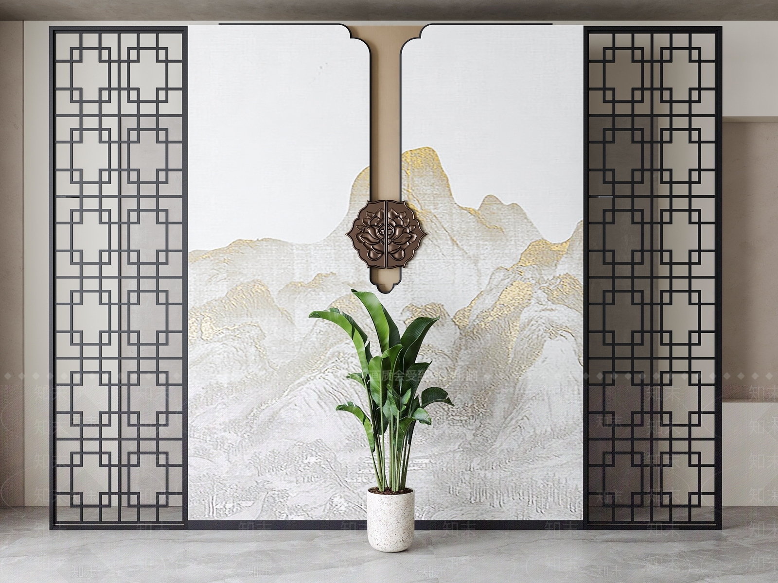 新中式背景墙SU模型下载【ID:1196582285】