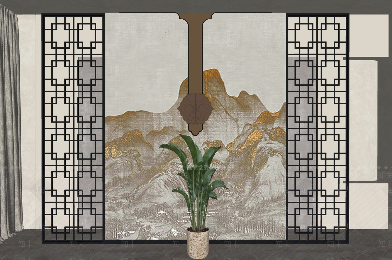 新中式背景墙SU模型下载【ID:1196582285】