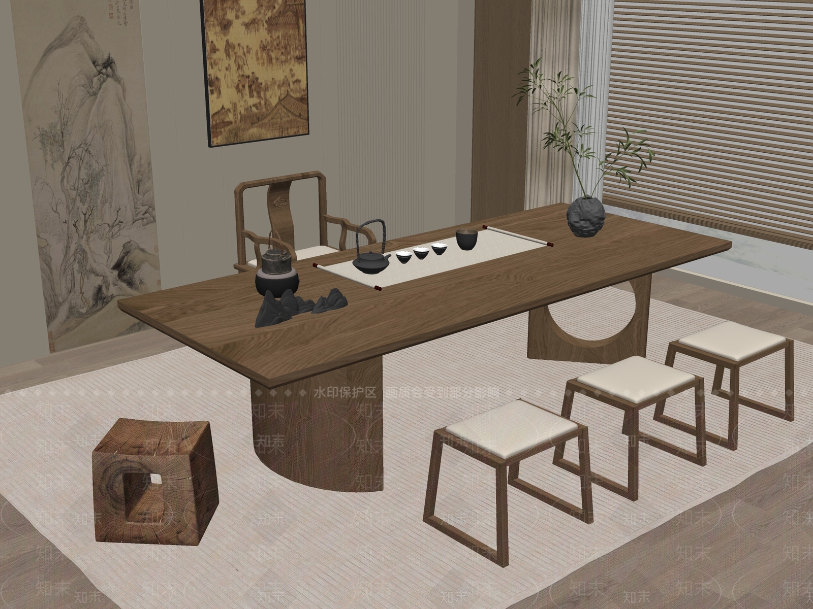 新中式中式茶桌椅SU模型下载【ID:1196604973】