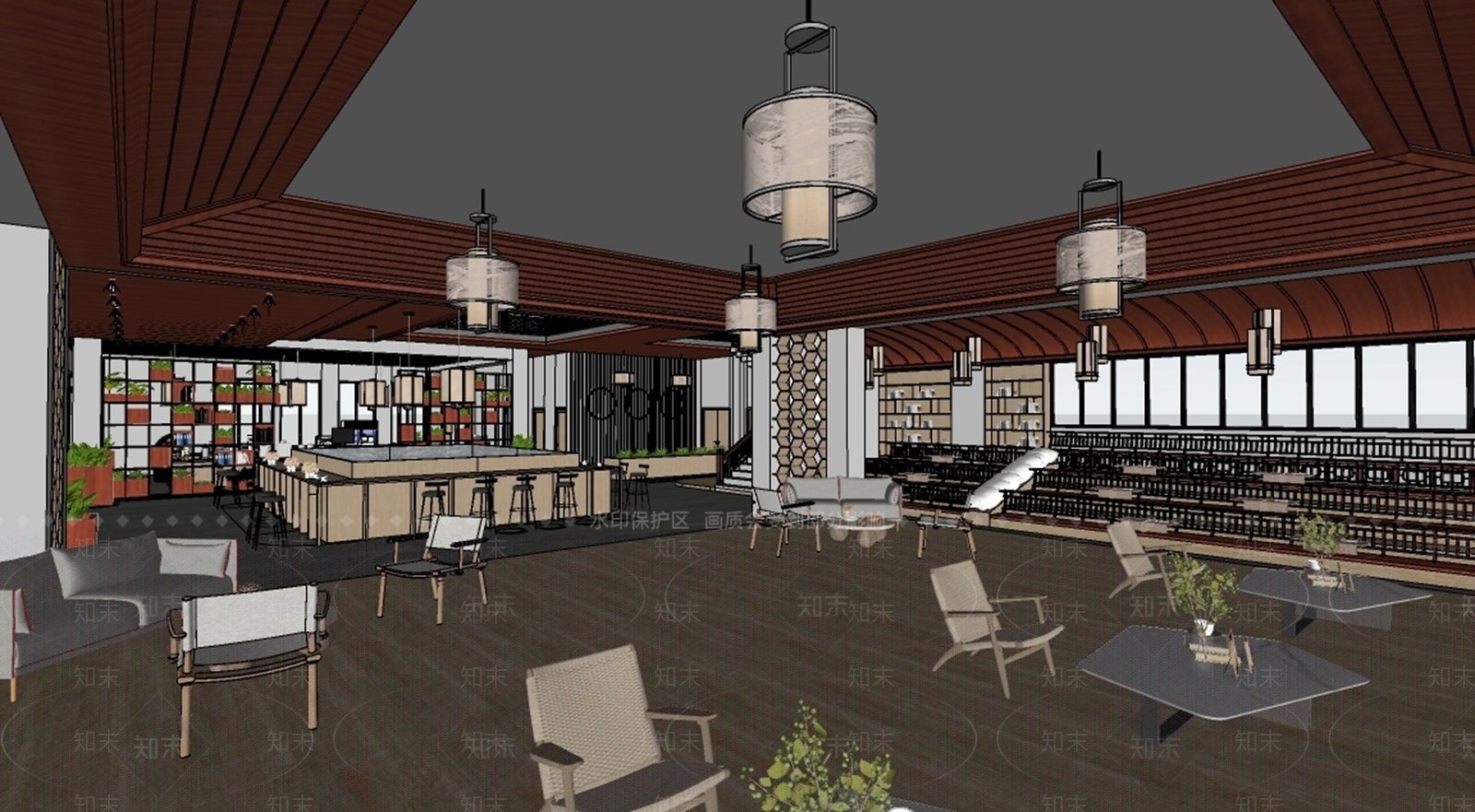 中式新中式咖啡厅SU模型下载【ID:1196742153】