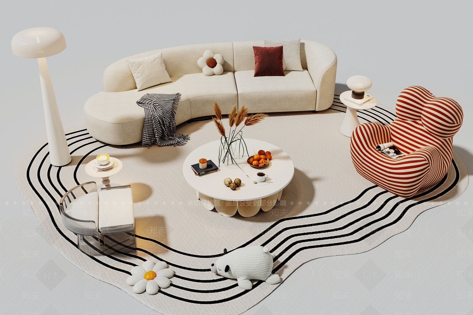 法式奶油沙发组合SU模型下载【ID:1196755093】