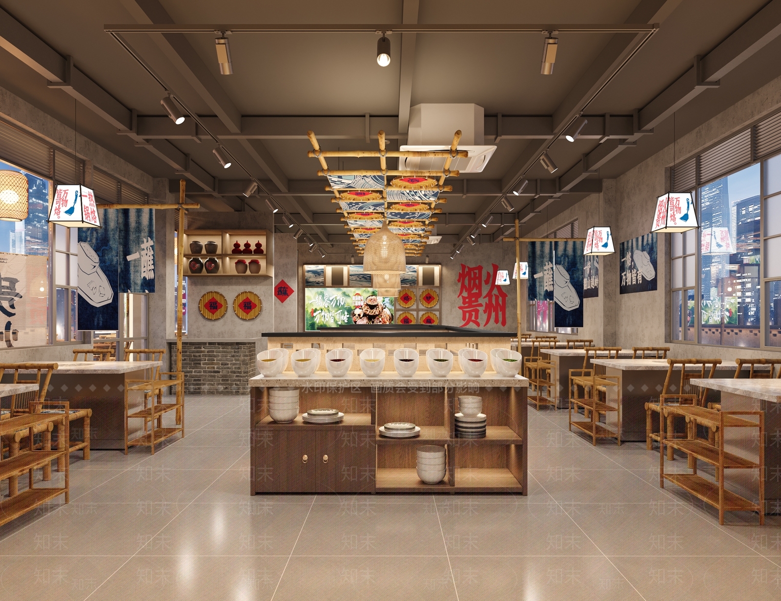 现代餐饮空间3D模型渲染效果图