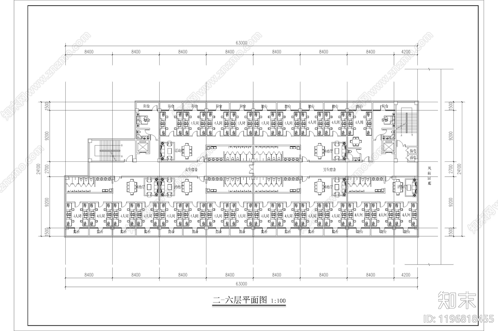 现代宿舍cad施工图下载【ID:1196818455】