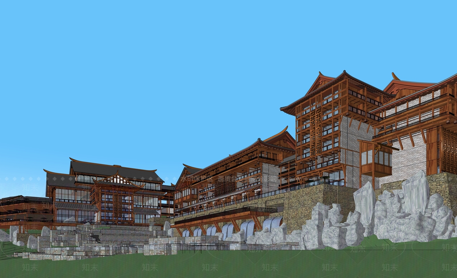 新中式中式民宿建筑SU模型下载【ID:1196830885】