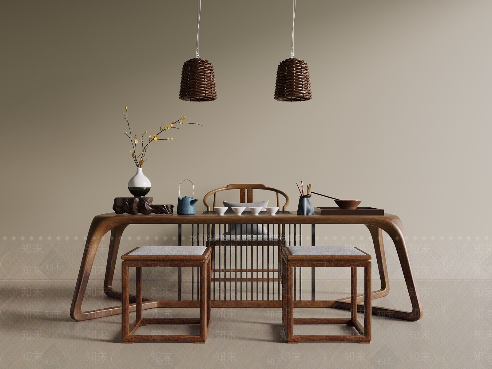 新中式中古茶桌椅3D模型下载【ID:1196863044】
