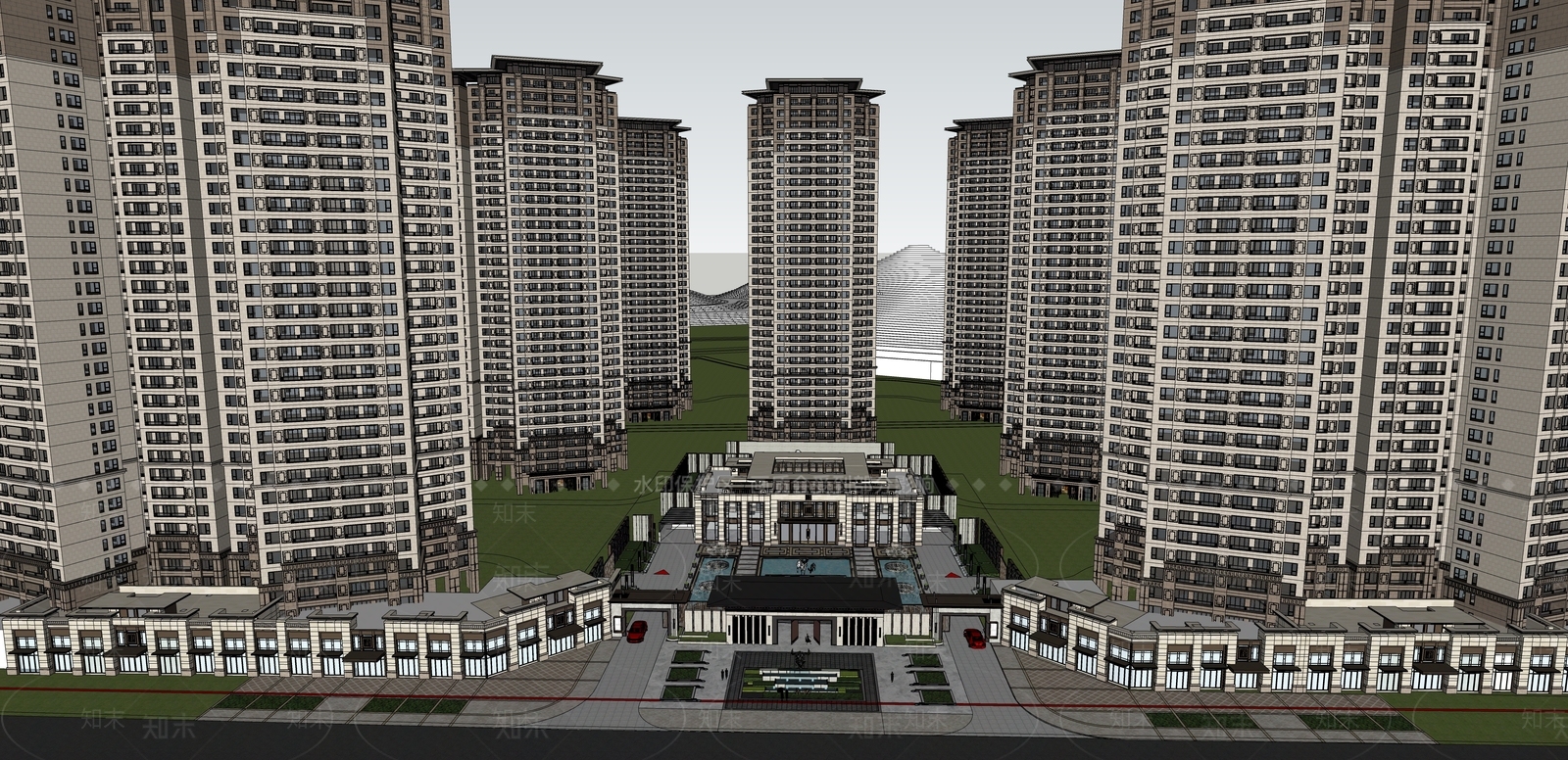 新中式现代小区建筑SU模型下载【ID:1196899942】