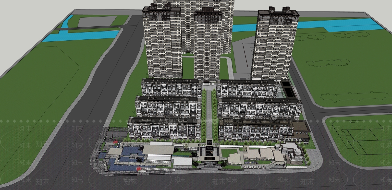 现代新中式小区建筑SU模型下载【ID:1196900336】