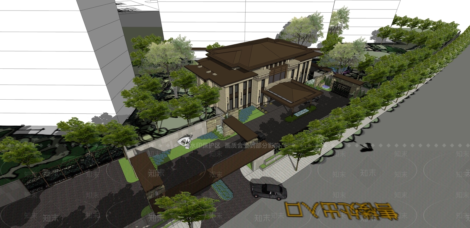 现代新中式售楼处建筑SU模型下载【ID:1196901972】