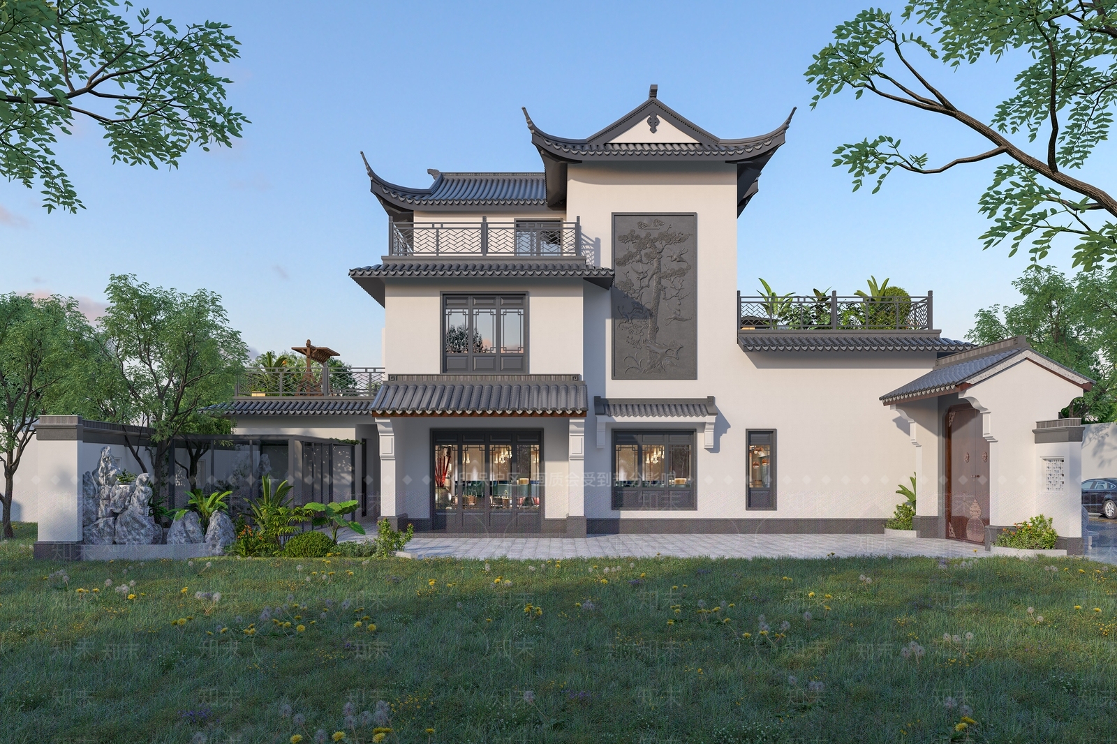 新中式中式别墅外观3D模型下载【ID:1196948818】