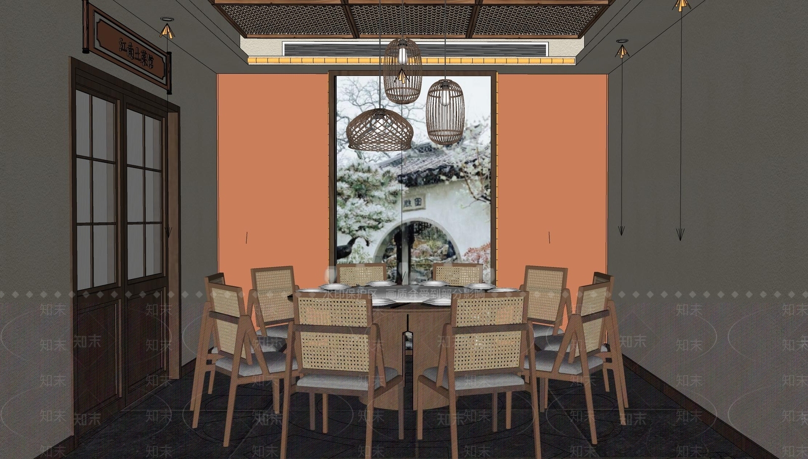新中式原木中餐厅SU模型下载【ID:1196955889】