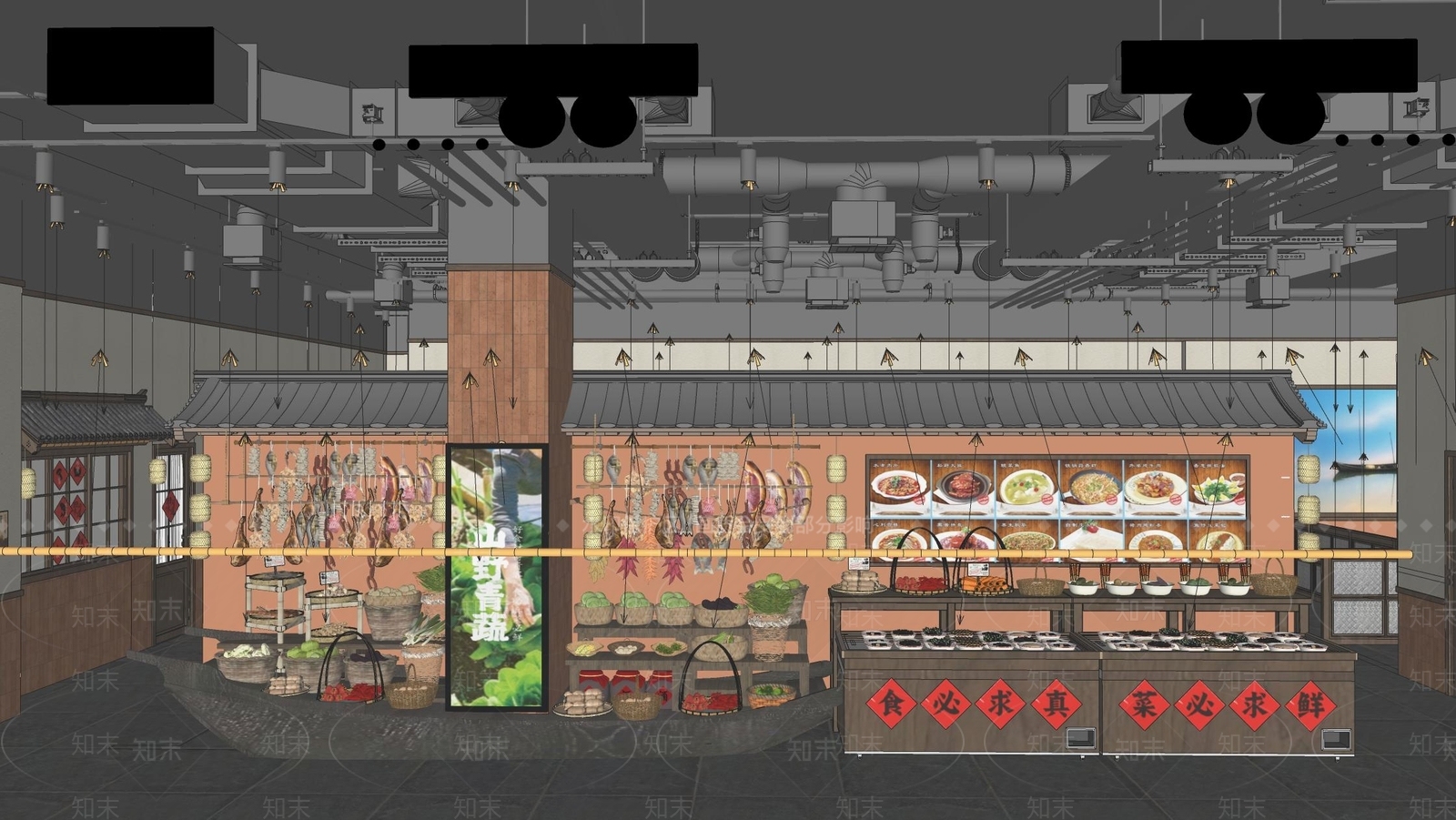 新中式原木中餐厅SU模型下载【ID:1196975178】