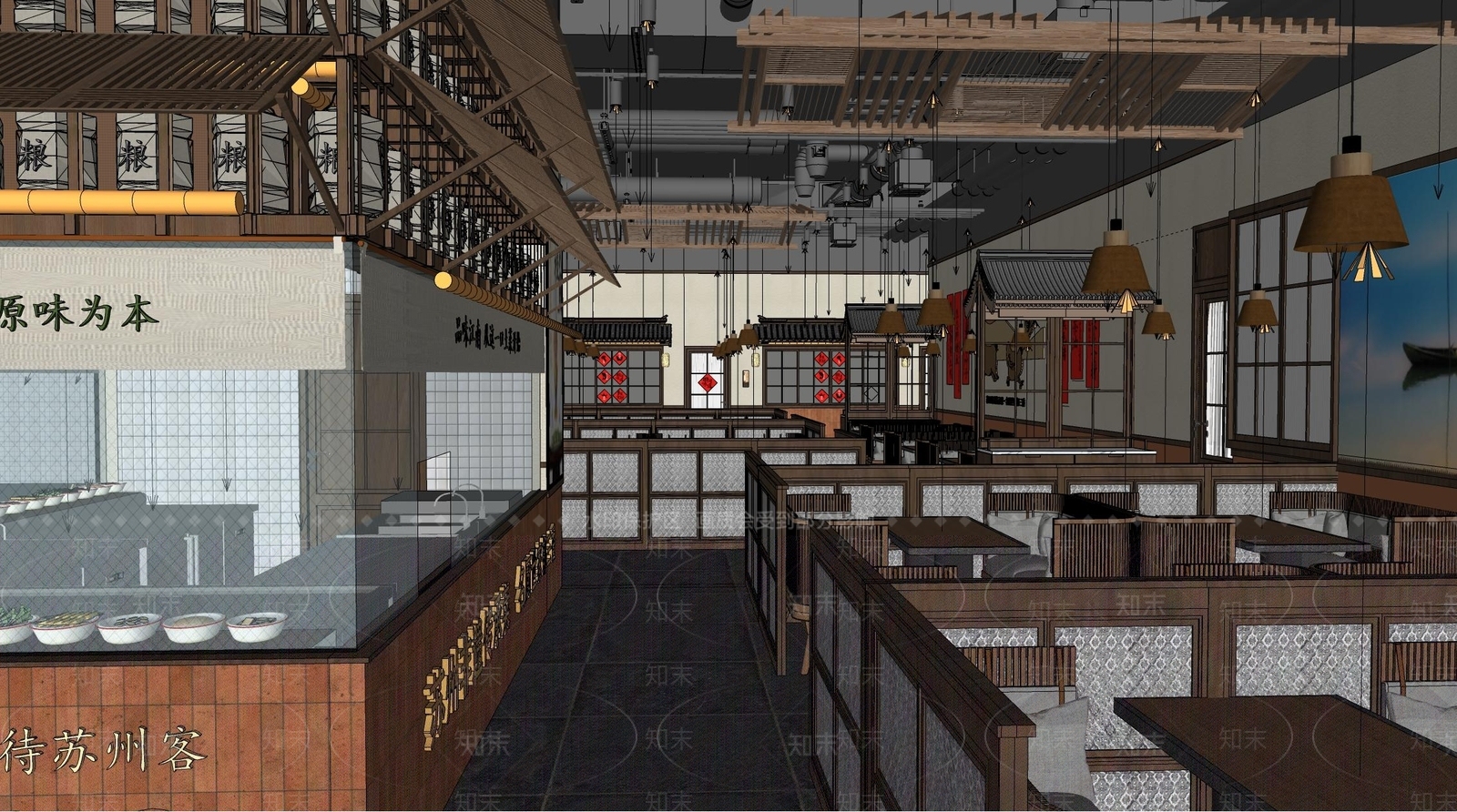 新中式原木中餐厅SU模型下载【ID:1196979521】