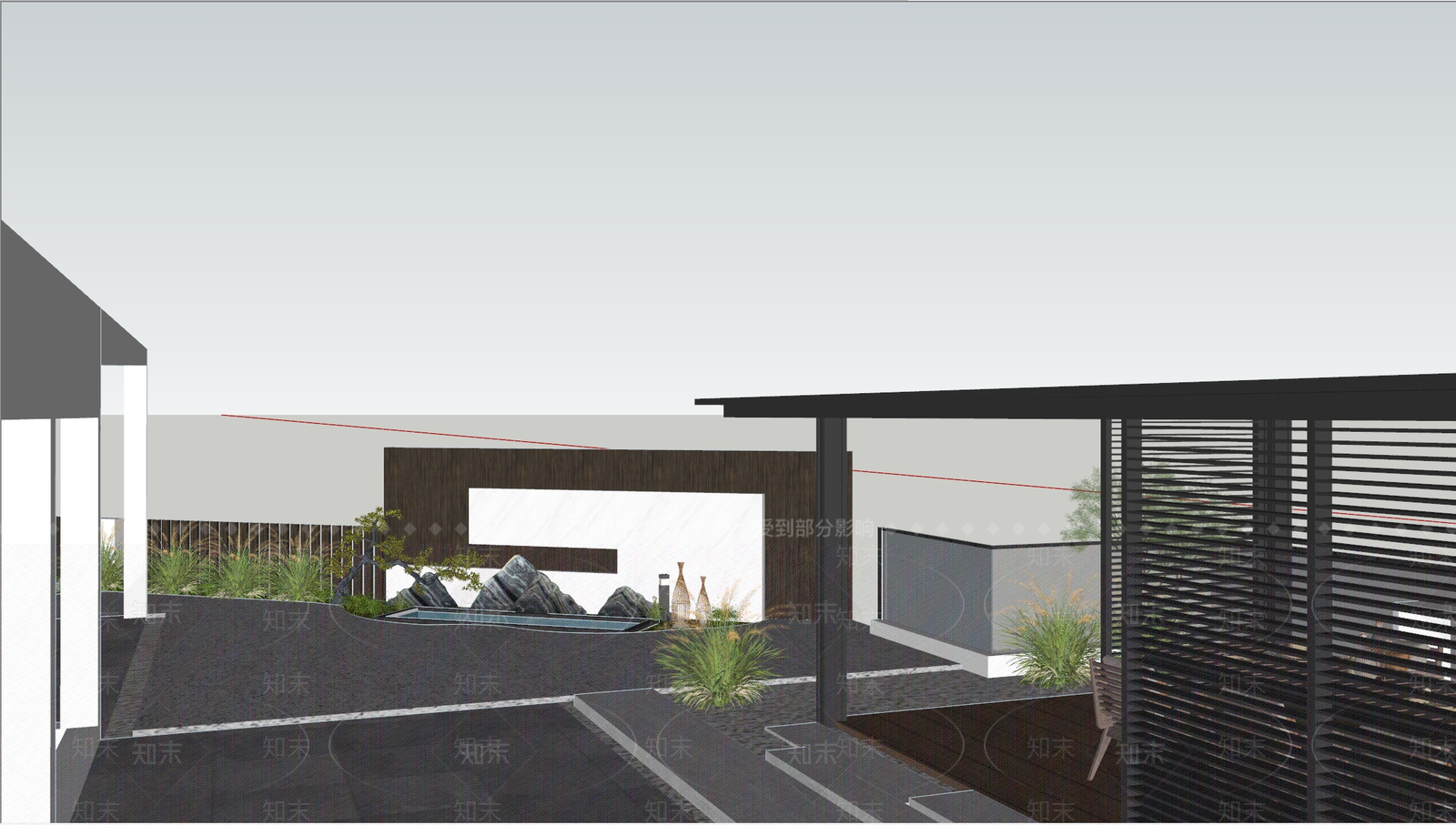 现代新中式别墅庭院SU模型下载【ID:1196997587】