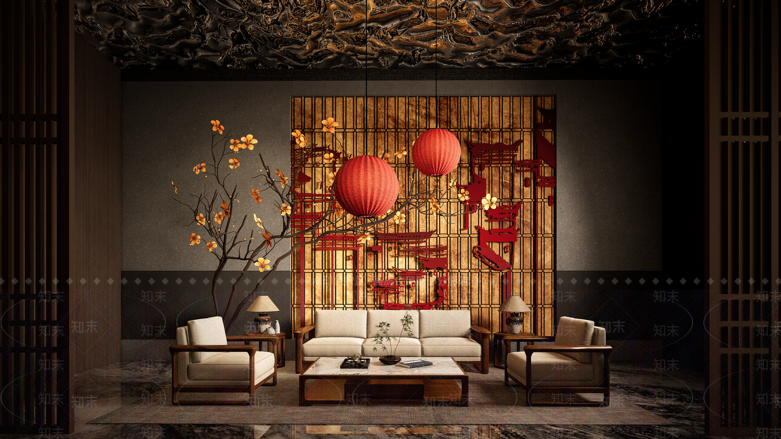 新中式现代休息区SU模型下载【ID:1197013386】