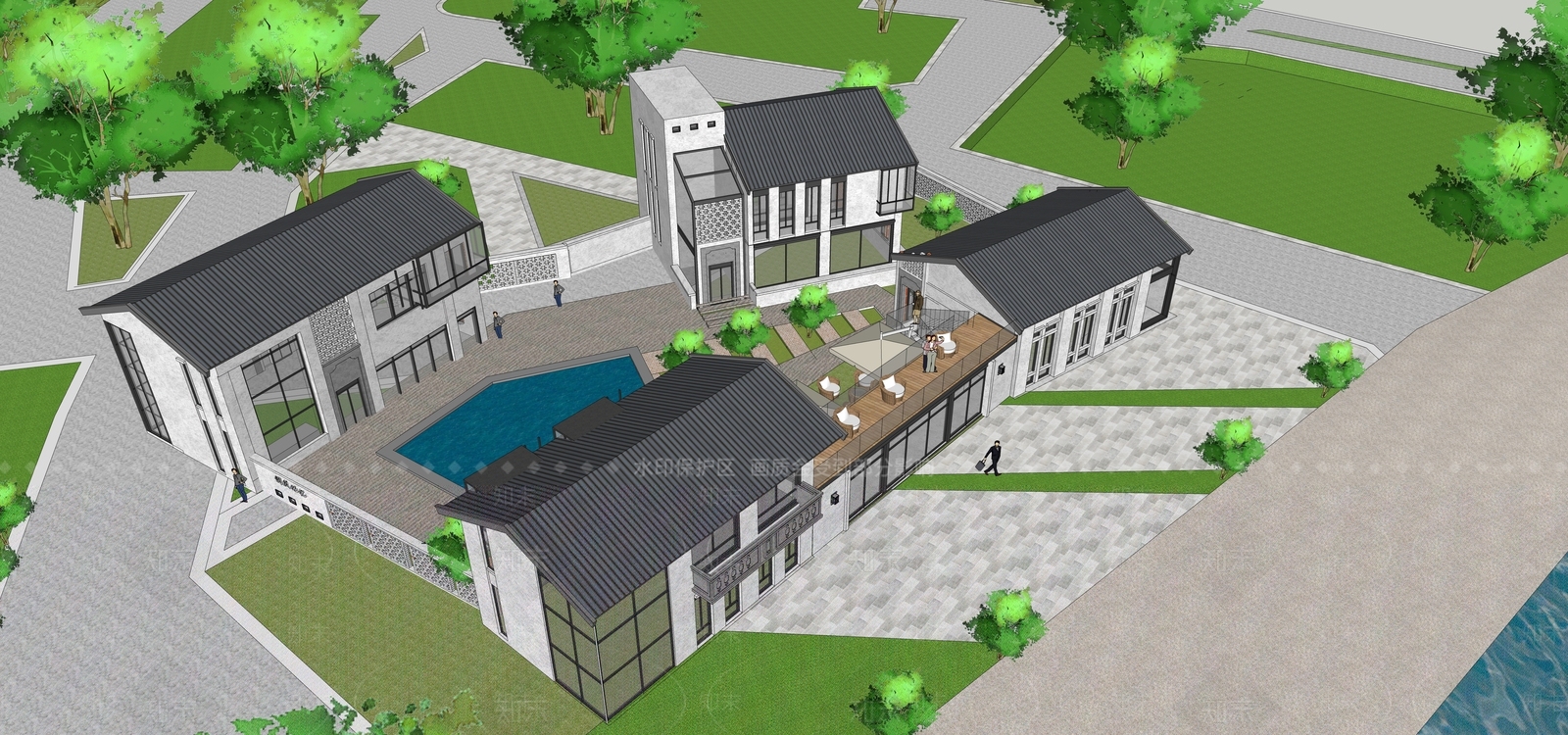 新中式民宿建筑SU模型下载【ID:1197025384】